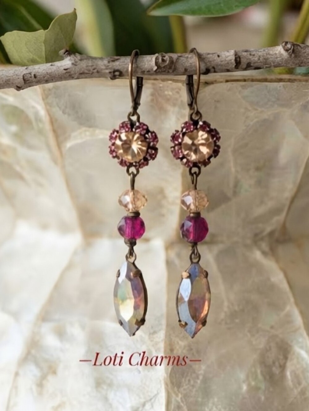 Peach & Rose Pinm Mettalic AB Swarovski Crystal In Long Antique Bronze Earrings